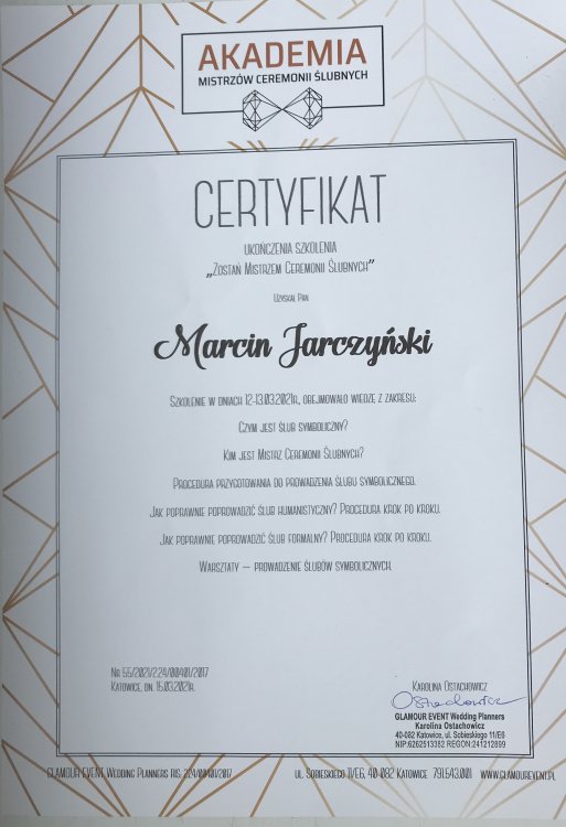 Certyfikat Akademii Mistrzów Ceremonii Ślubnych dla Marcina Jarczyńskiego