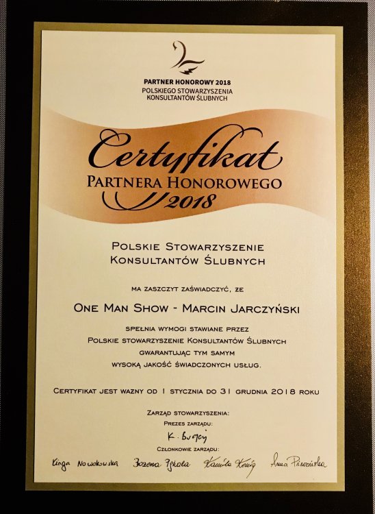 Zertifikat als Ehrenpartner 2018 des polnischen Verbands der Hochzeitsplaner für One Man Show Marcin Jarczyński
