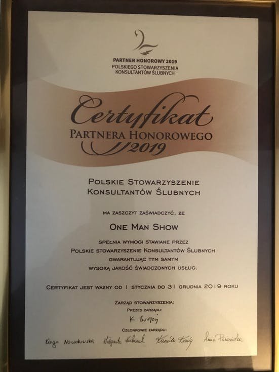 Zertifikat als Ehrenpartner 2019 des polnischen Verbands der Hochzeitsplaner für One Man Show