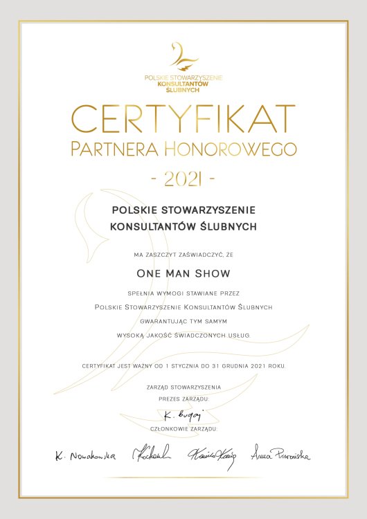 Zertifikat als Ehrenpartner 2021 des polnischen Verbands der Hochzeitsplaner für One Man Show