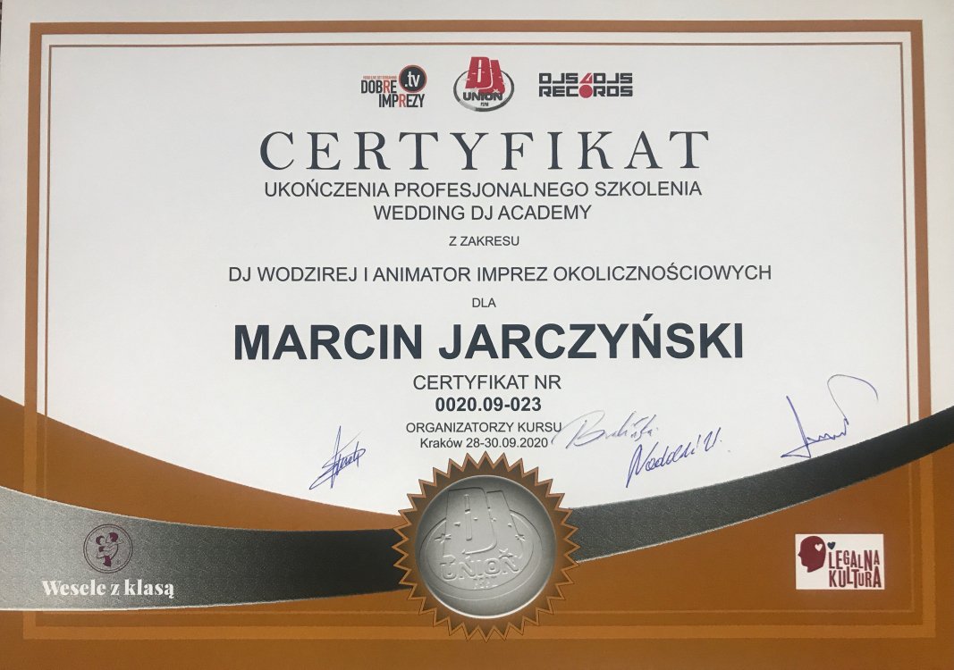 Certyfikat ukończenia profesjonalnego szkolenia Wedding DJ Academy dla Marcina Jarczyńskiego